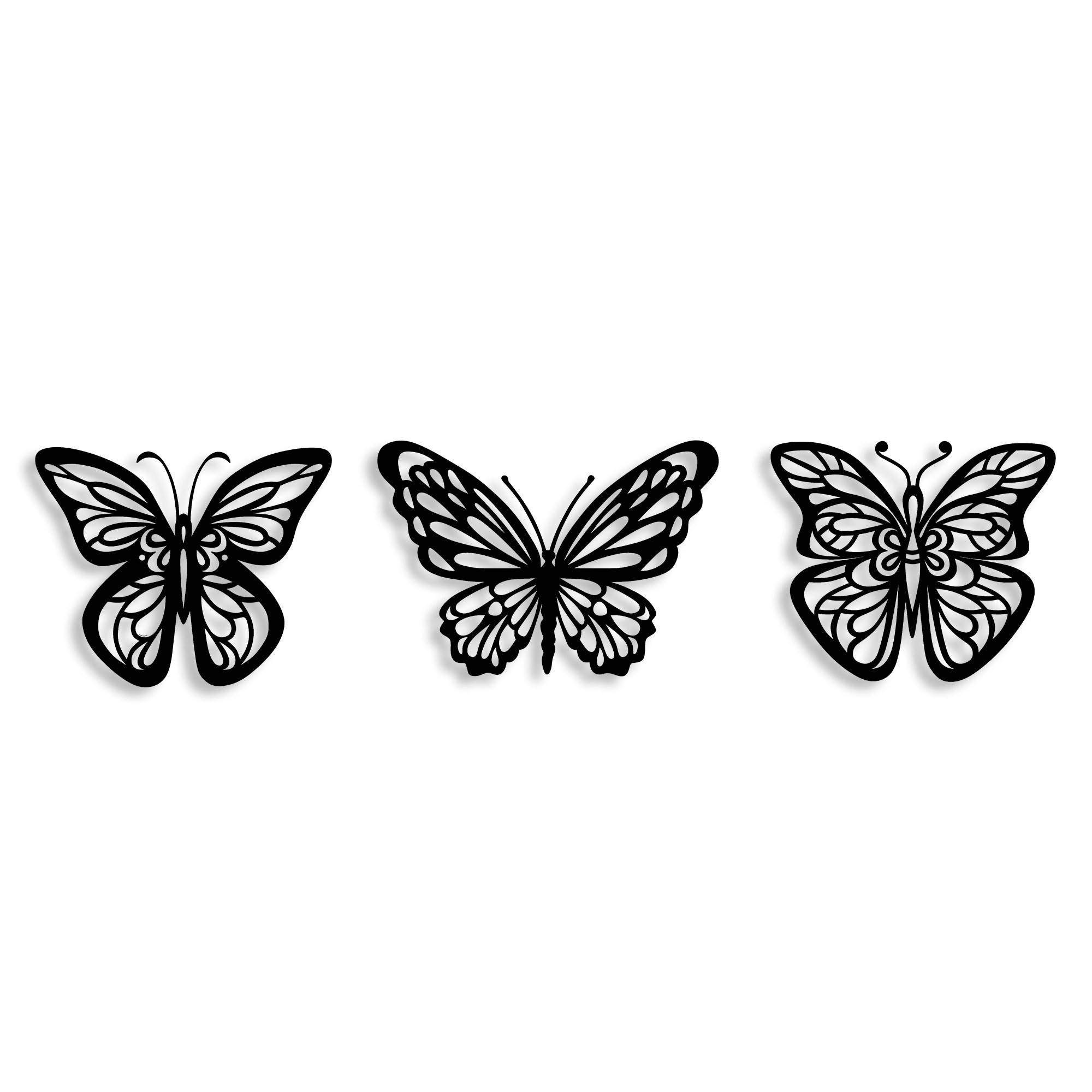 Set di 3 decorazioni da parete con farfalle Wotara in metallo nero
