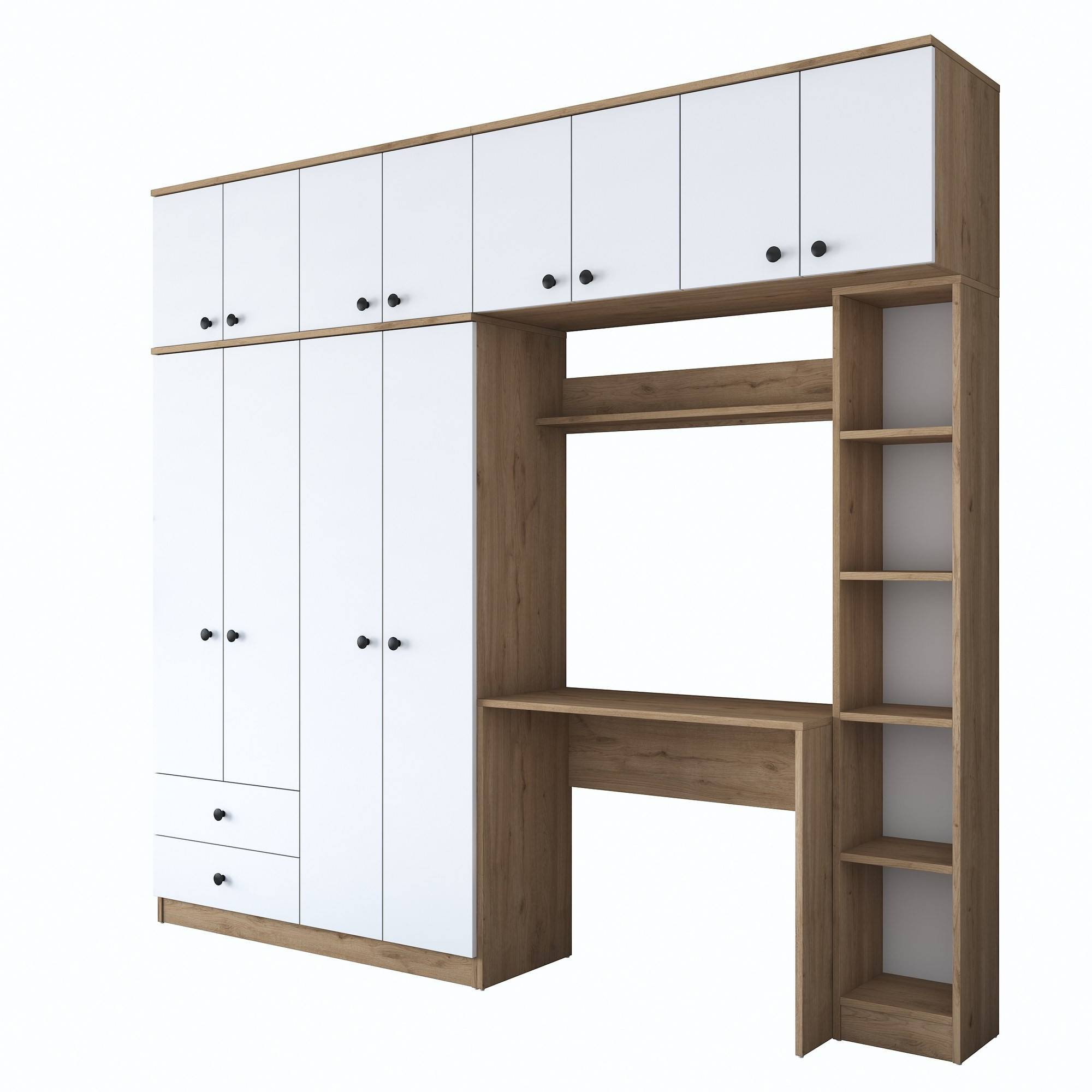 Kleiderschrank mit integriertem Schreibtisch und Regalen Virro B240cm Dunkles Holz und Weiß