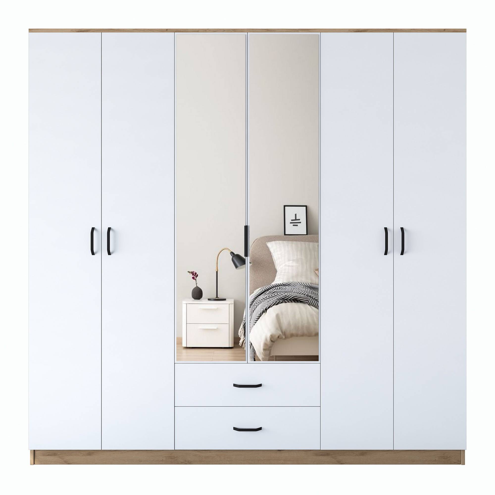 Schrank 6 Türen mit 2 Spiegeln und 2 Schubladen Kolibris L180xH210cm Helles Holz und Weiß