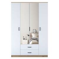 Schrank, 4 Türen mit 2 Spiegeln und 2 Schubladen Kolibris B140xH210cm Helles Holz und Weiß