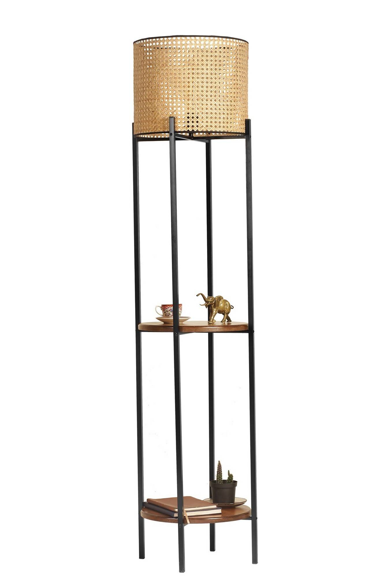 Lampadaire décoratif avec étagères intégrées Sorine H162cm Abat-jour à cannage Beige, Bois massif foncé et Métal Noir