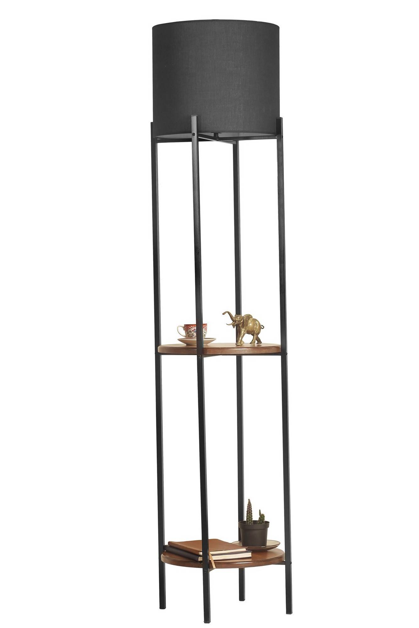 Lampadaire décoratif avec étagères intégrées Sorine H162cm Abat-jour et Métal Noir, Bois massif foncé