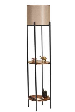 Dekorative Stehleuchte mit integrierten Regalen Sorine H162cm Lampenschirm Taupe , Schwarzes Metall und dunkles Massivholz