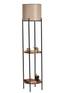 Lámpara de pie decorativa Sorine con estantes integrados H162cm Pantalla de color topo, metal negro y madera maciza oscura