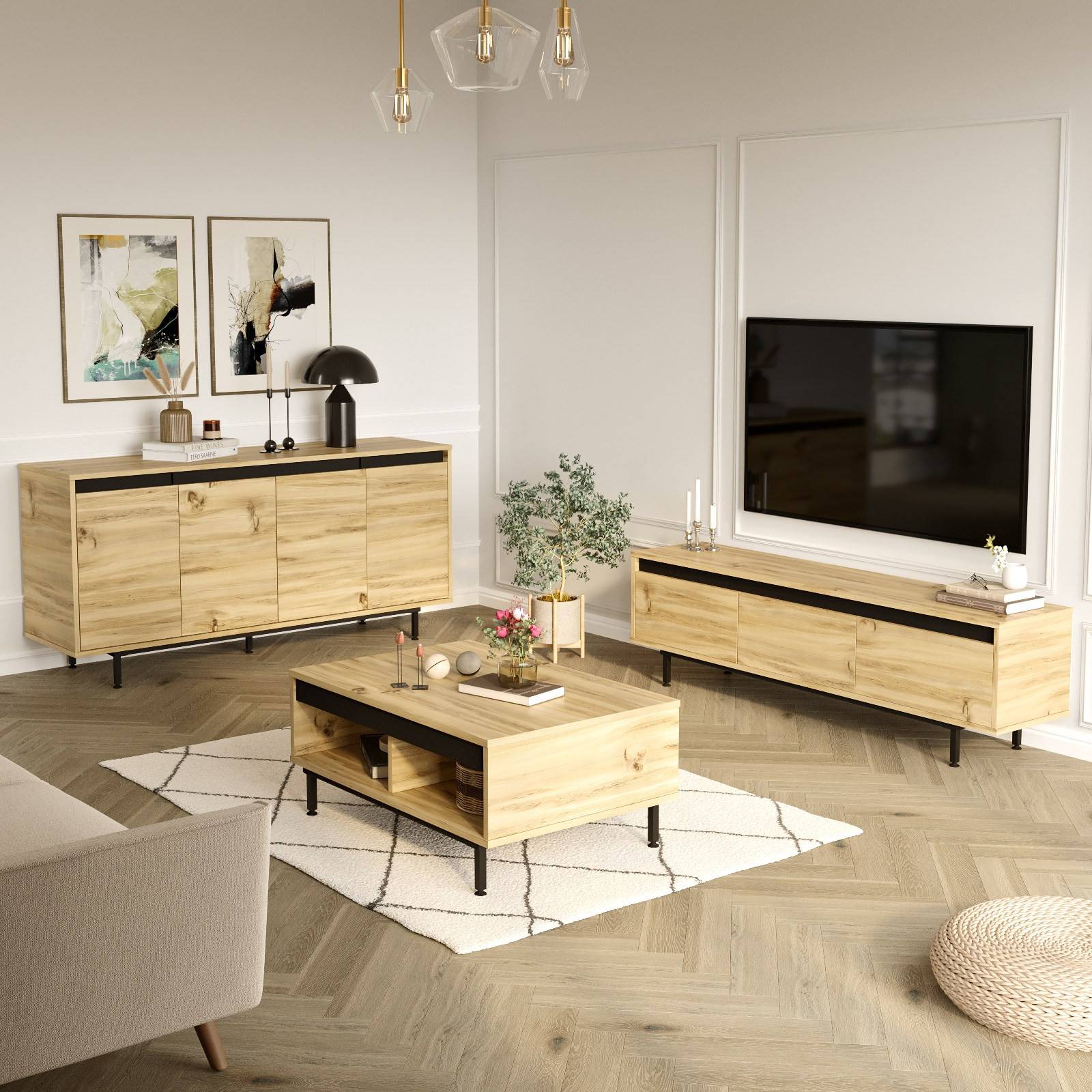Set aus TV-Möbel, Couchtisch und Sideboard Waiho Helle Eiche und Schwarz