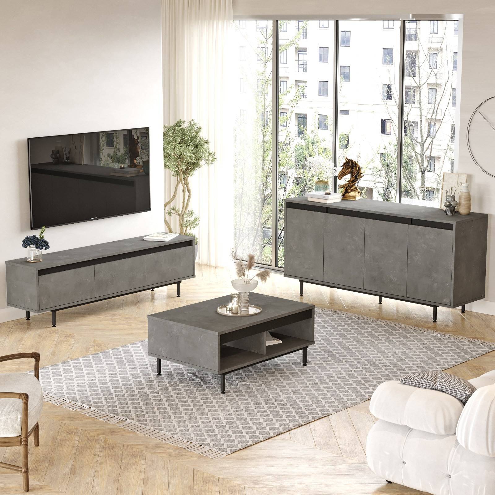 Conjunto de mueble de TV, mesa de centro y aparador Waiho Concrete gris y negro