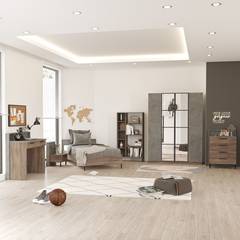 Scorch slaapkamer met bed 90x190cm en 5 meubels model 1 Donker hout en grijs beton effect