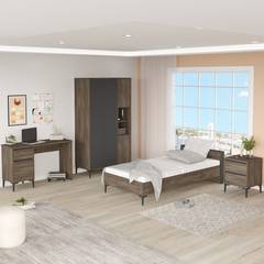 Dormitorio Tossa con cama de 90x190cm y 3 muebles de madera oscura y antracita