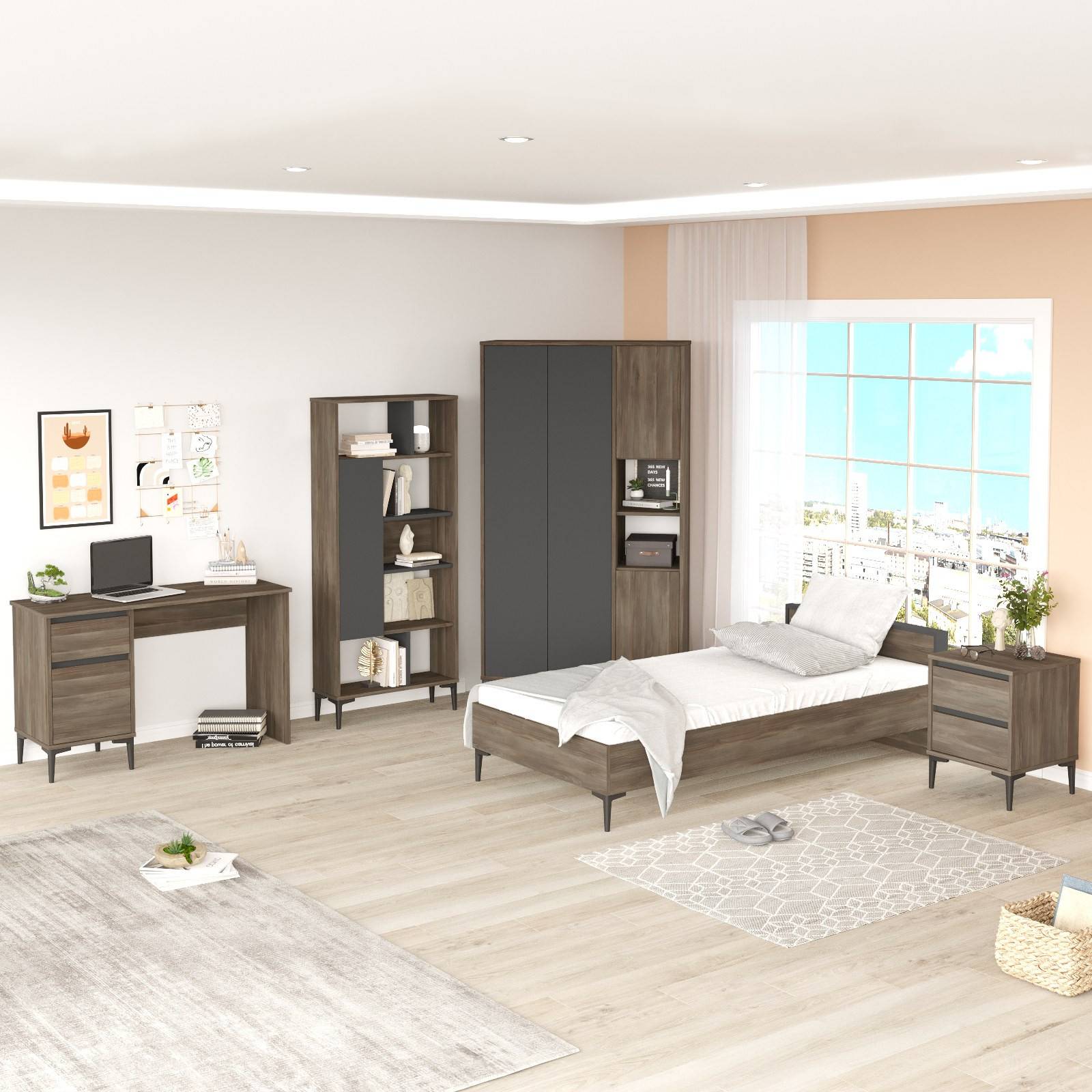 Camera da letto Tossa con letto 90x190 cm e 4 mobili in legno scuro e antracite