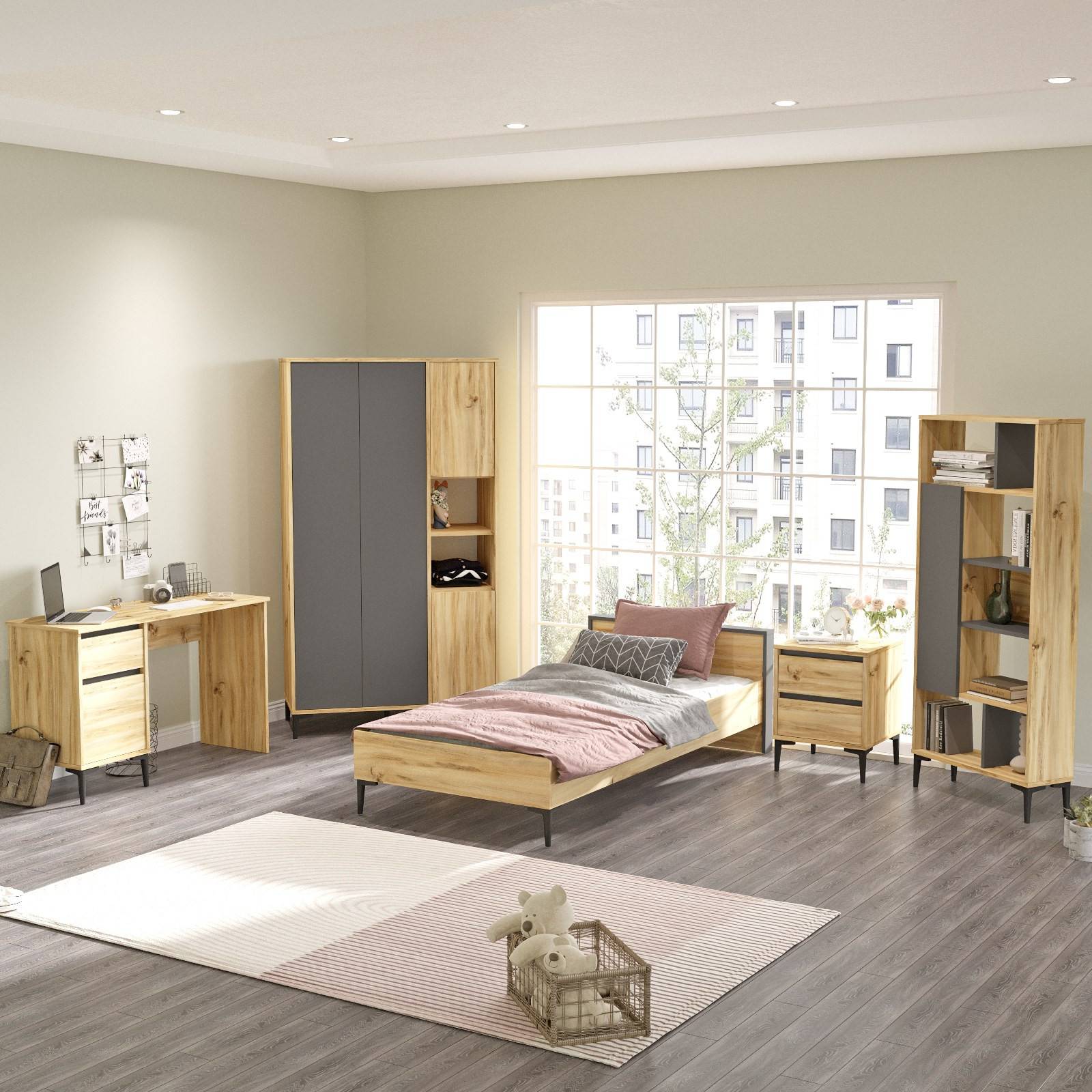 Camera da letto Tossa con letto 90x190cm e 4 mobili in Rovere