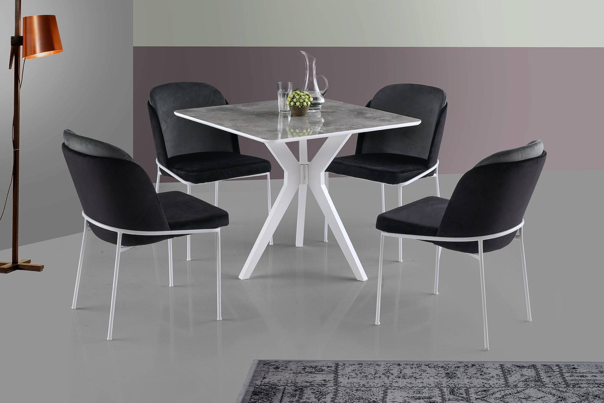 Table salle à manger carrée Sorcha Blanc et Effet marbre Gris