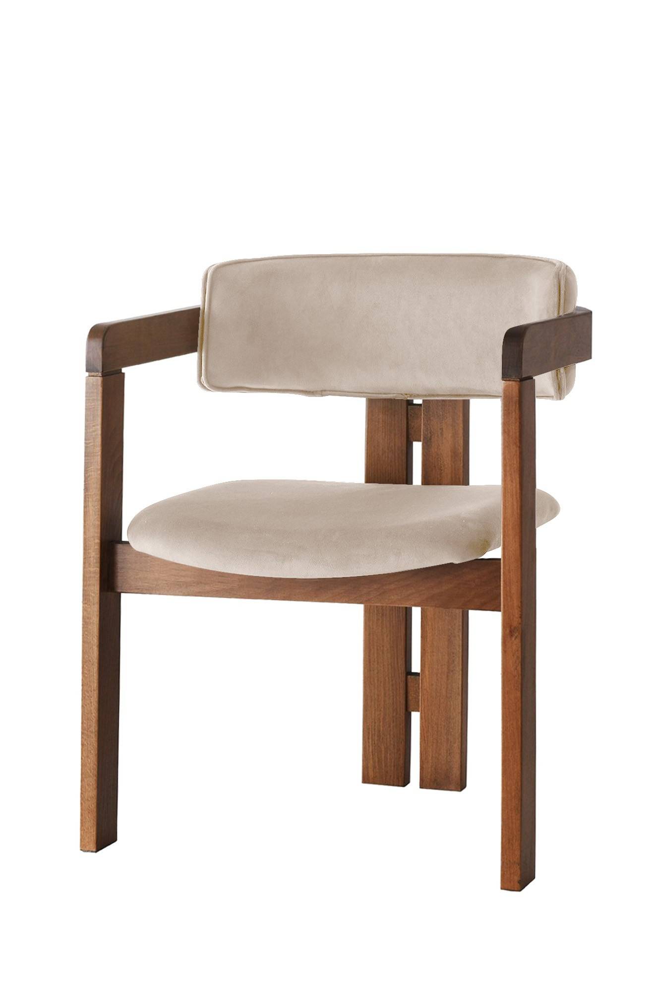 Stuhl im modernen Vintage-Stil Vladmir Beigefarbener Velours und dunkles Massivholz