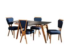 Tisch und 4 Stühle im skandinavischen Stil Miclia Massivholz Helle Eiche, gehärtetes Glas und Leinen Blau