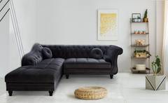 Canapé d'angle Brittish Velours Noir style Chesterfield