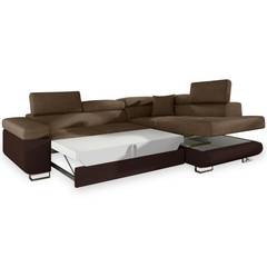 Sofá cama chaise longue Antoni, derecha, PU marrón con tela marrón