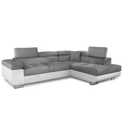 Sofá cama chaise longue Antoni, derecha, PU blanco con tela gris claro