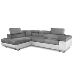 Sofá cama chaise longue Antoni, izquierda, PU blanco con tela gris claro