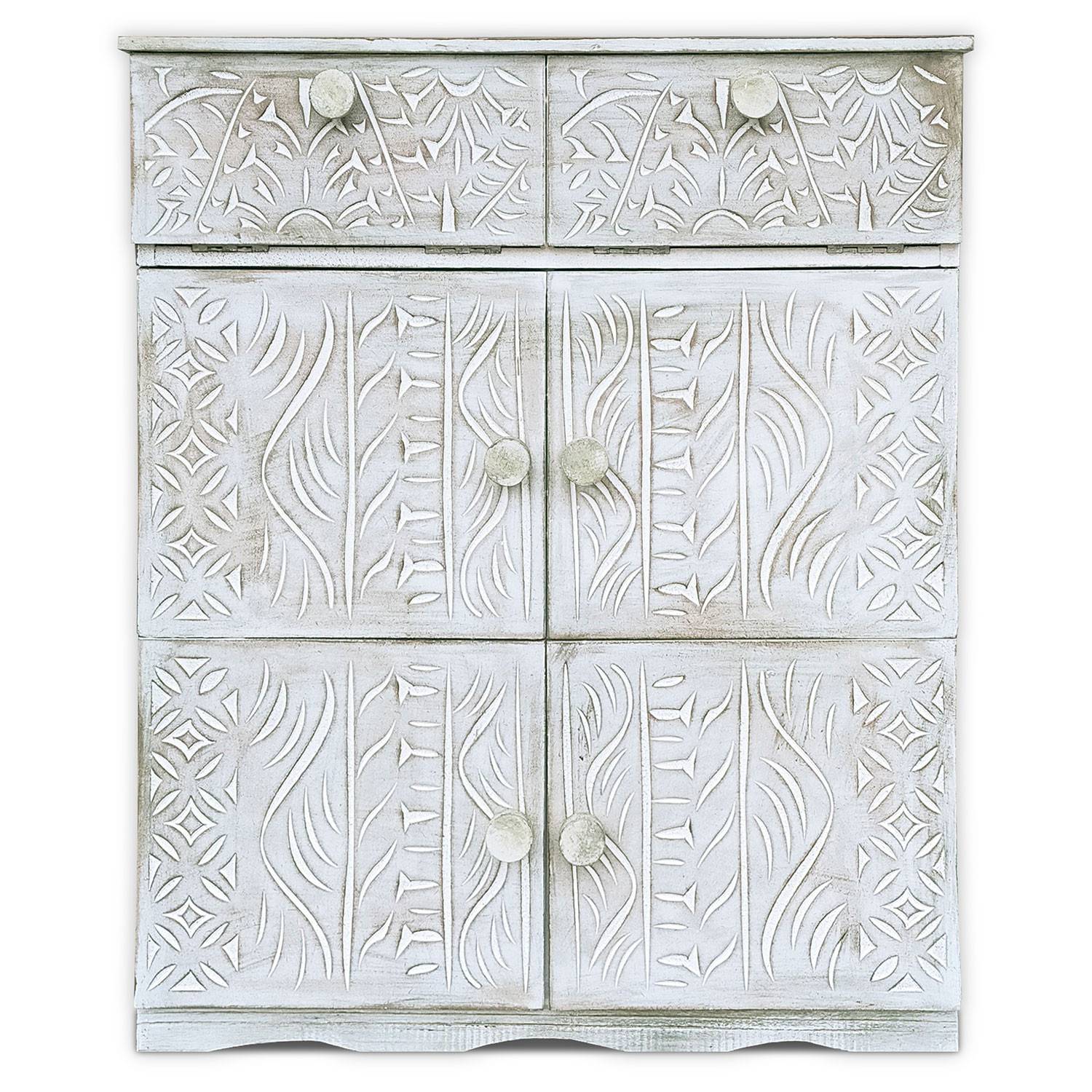 Gesneden houten dressoir in etnische stijl 6 deuren B70cm Anthiika Wit met patina afwerking