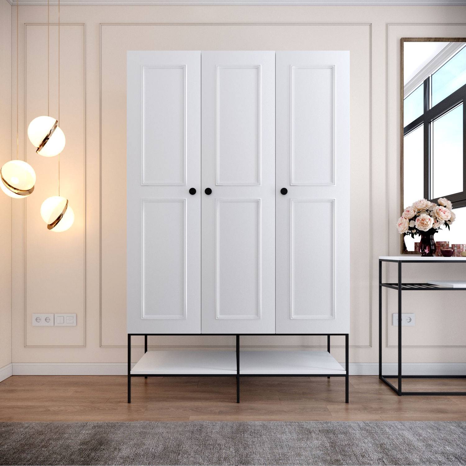 3-deurs kledingkast met Imperiosus planken L126xH200cm wit hout en zwart metaal
