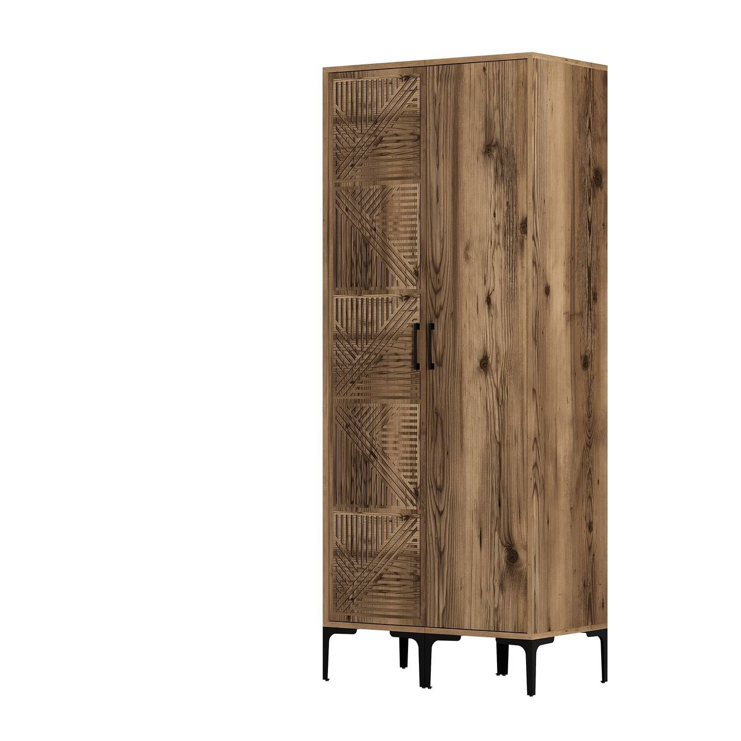 Schrank 2 Türen, 1 Tür Geometrisches Muster Industrial Style Akay L80cm Dunkles Holz