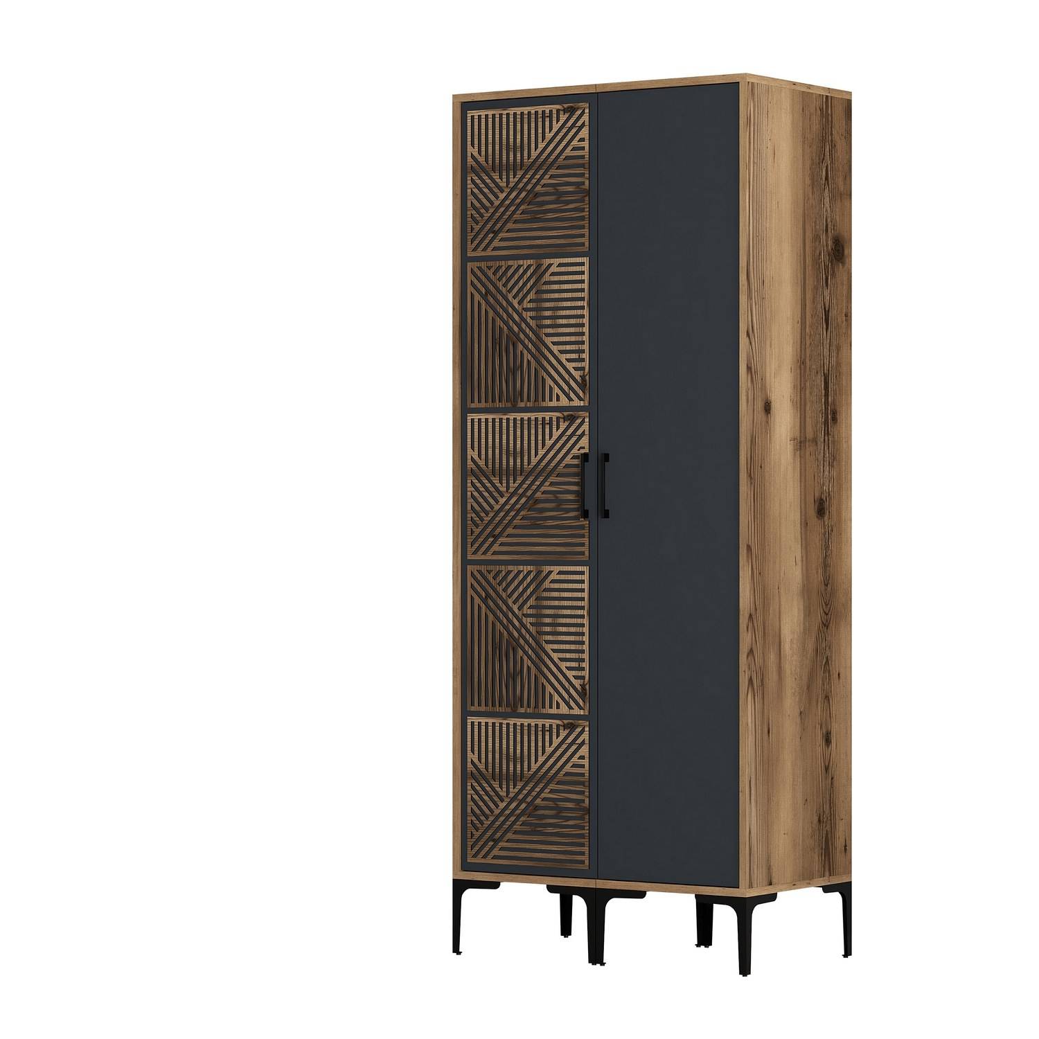 Schrank 2 Türen, 1 Tür Geometrisches Muster Industrial Style Akay L80cm Dunkles Holz und Anthrcaite