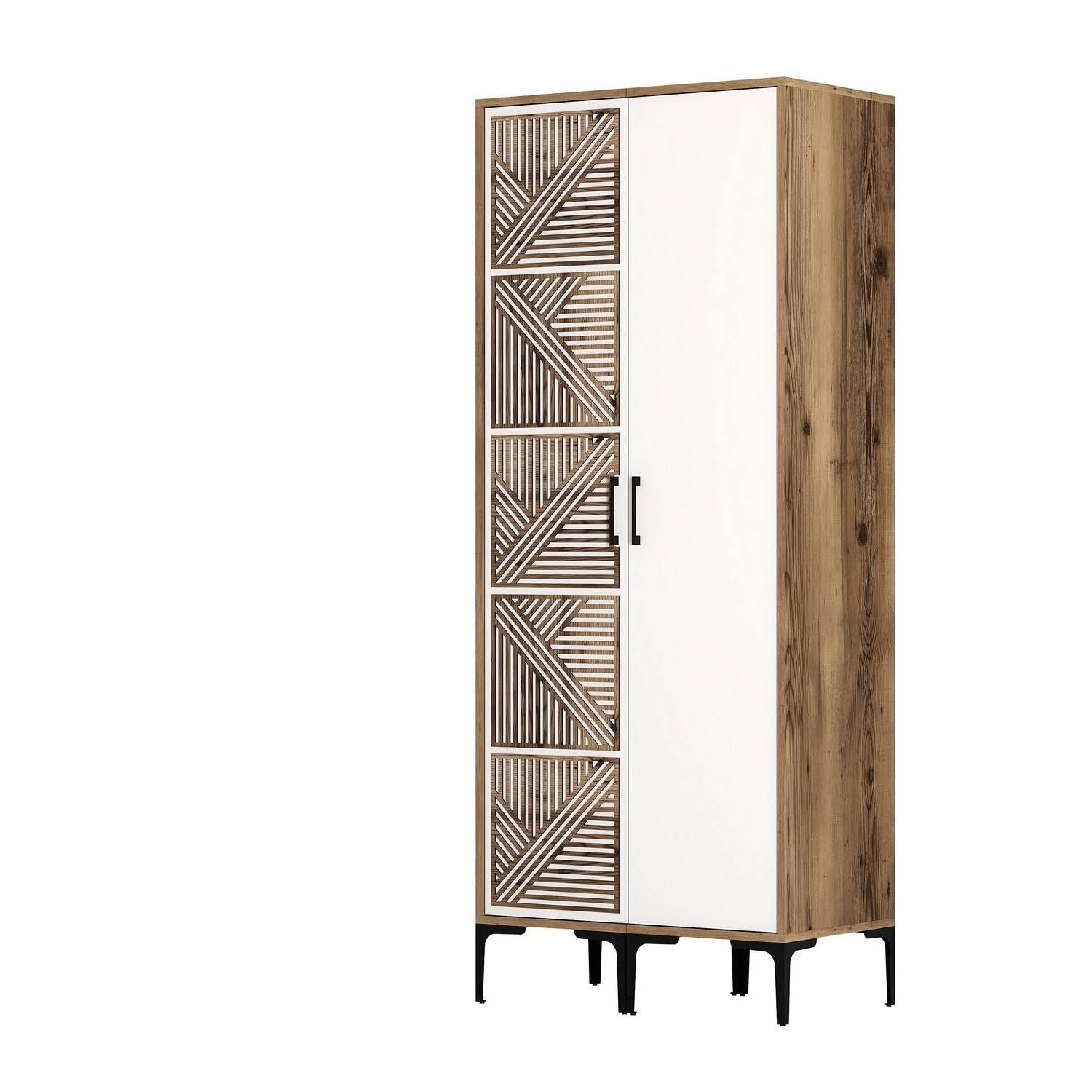 Schrank 2 Türen, 1 Tür Geometrisches Muster Industrial Style Akay L80cm Dunkles Holz und Weiß