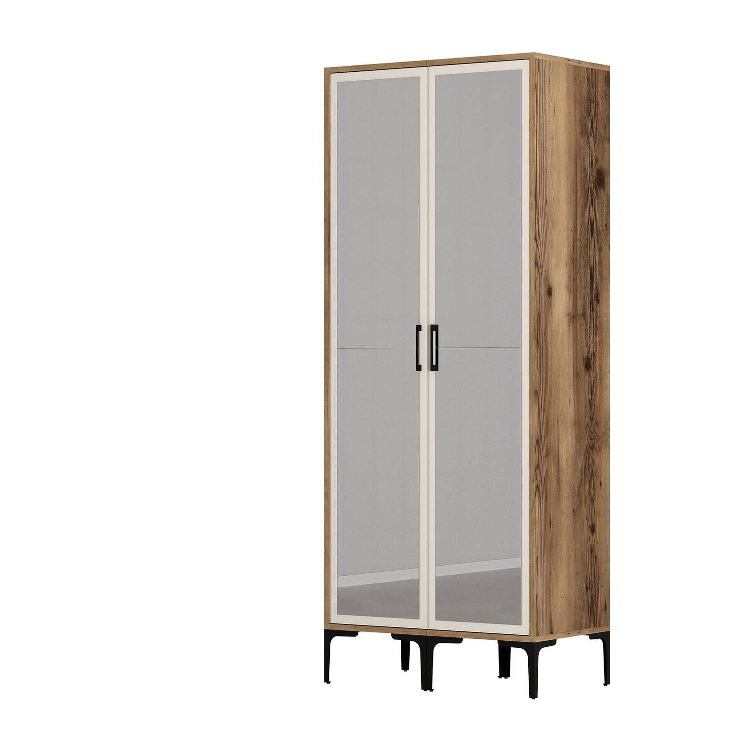 2-deurs kledingkast met spiegel in industriële stijl Akoy L80cm Donker hout en crèmewit