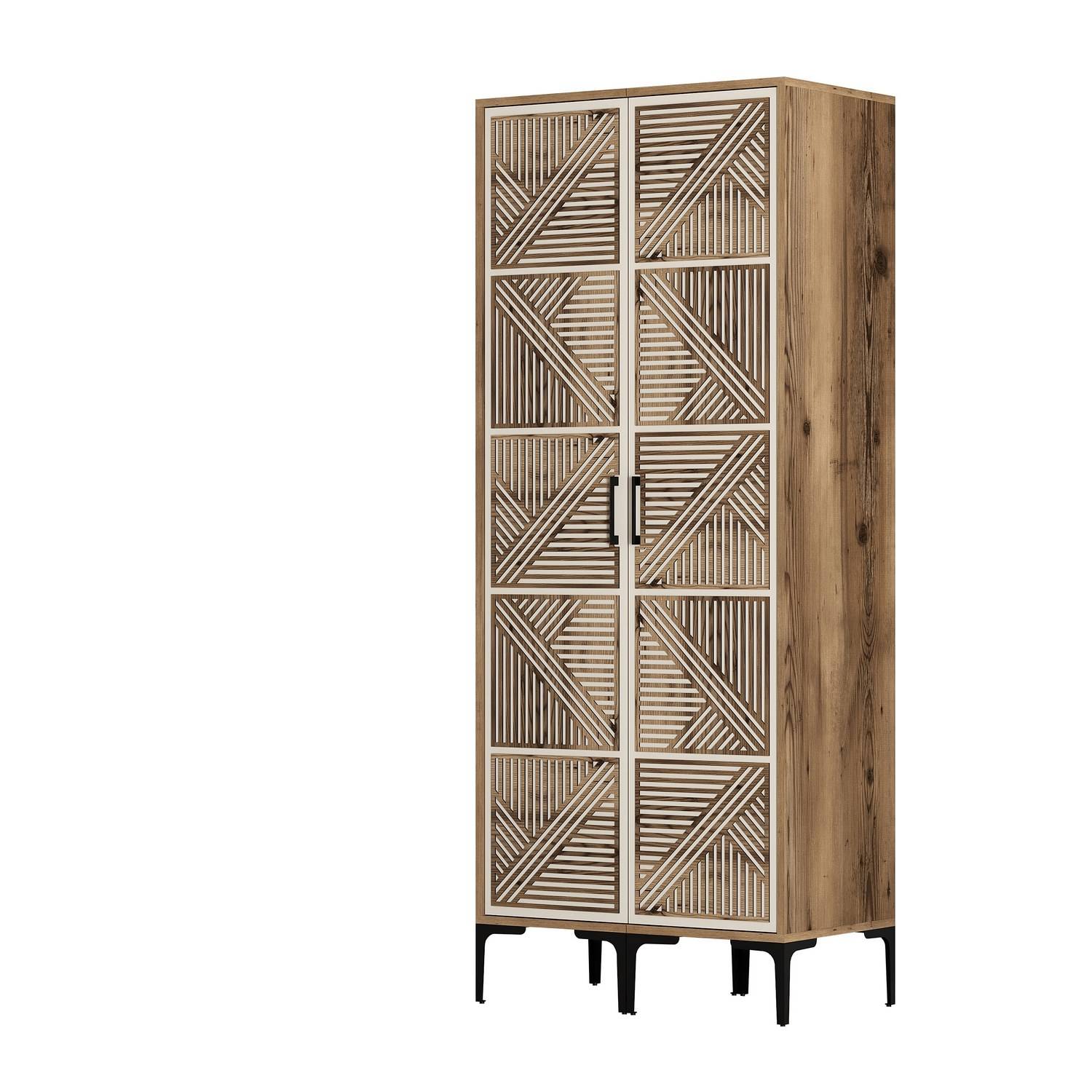 Schrank 2 Türen Geometrisches Muster Industrial Style Akay L80cm Dunkles Holz und Cremeweiß
