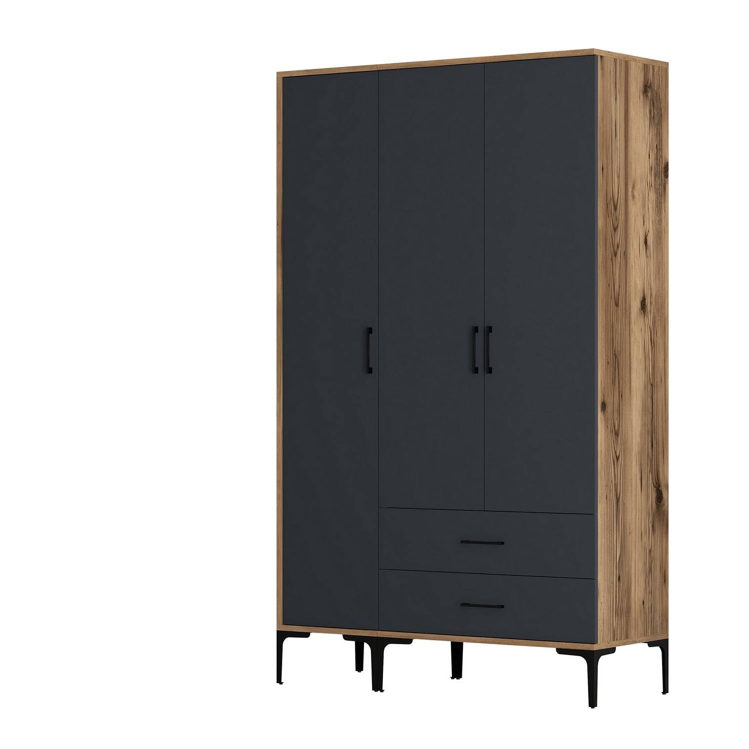 Akoy 3-deurs en 2-lades kledingkast in industriële stijl L120cm Donker hout en antraciet