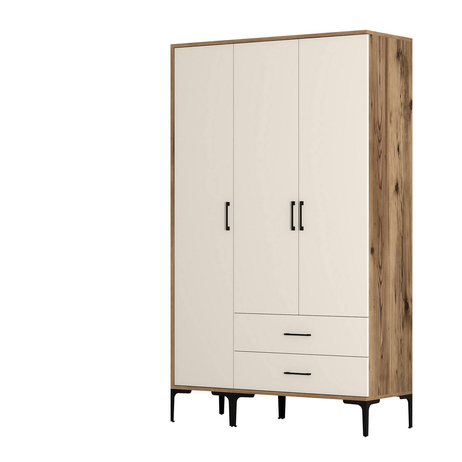 Akoy 3-deurs en 2-lades kledingkast in industriële stijl L120cm Donker hout en crèmewit