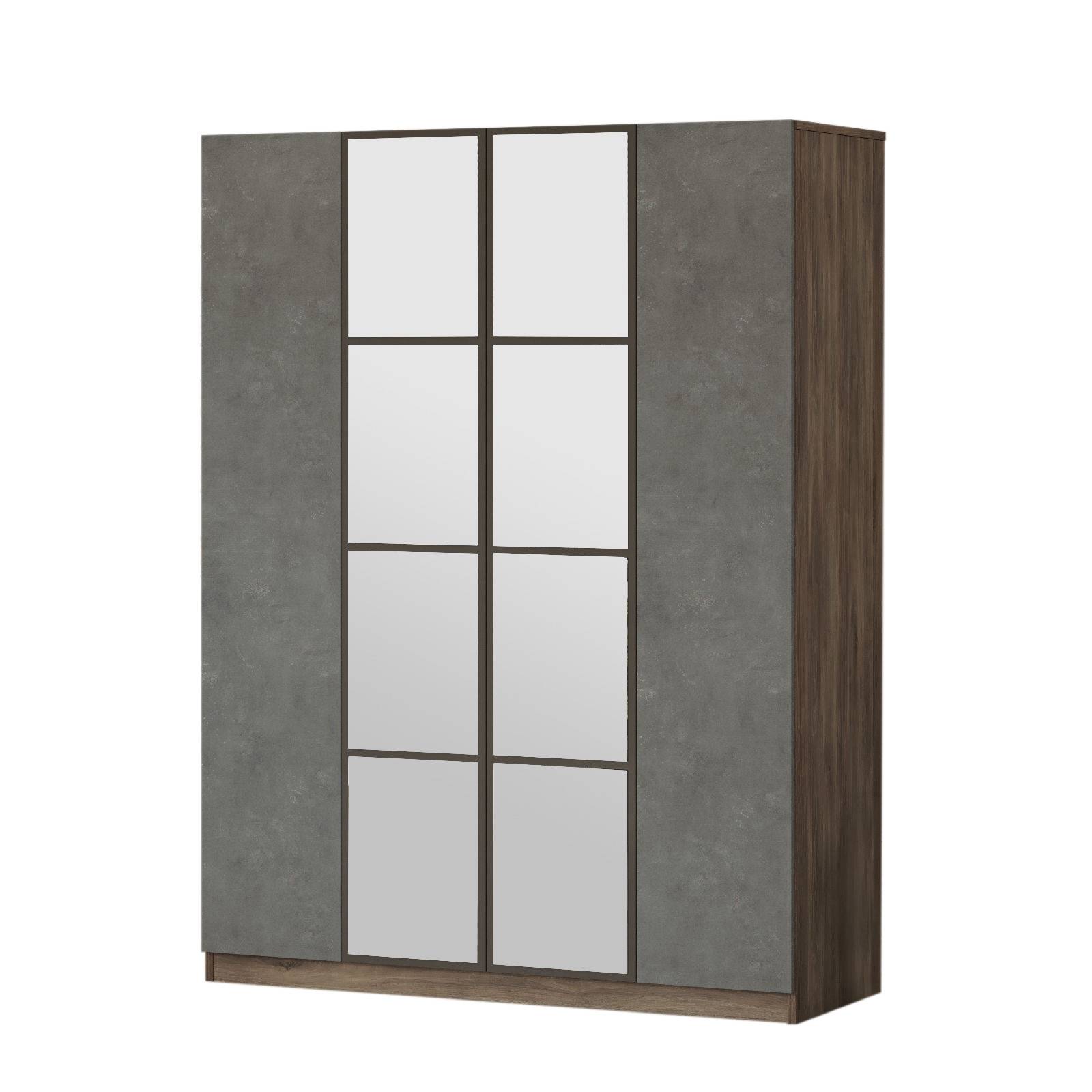 Natho 4-deurs kledingkast met spiegel 138,4 cm natuurlijk hout en grijs
