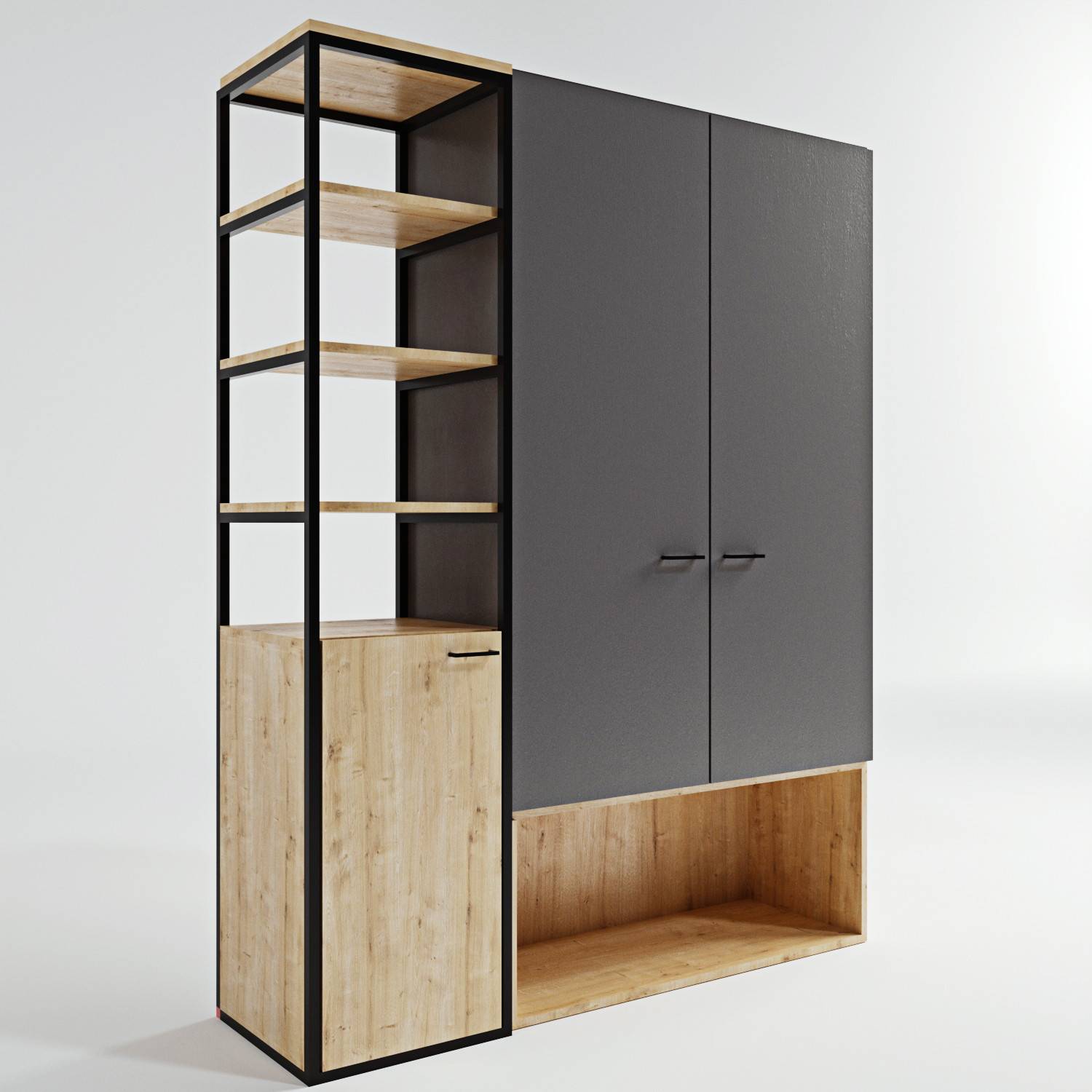 Thenyo Kleiderschrank mit 4 Türen, 144 cm, schwarzes Metall, Eiche und anthrazitfarbenes Holz