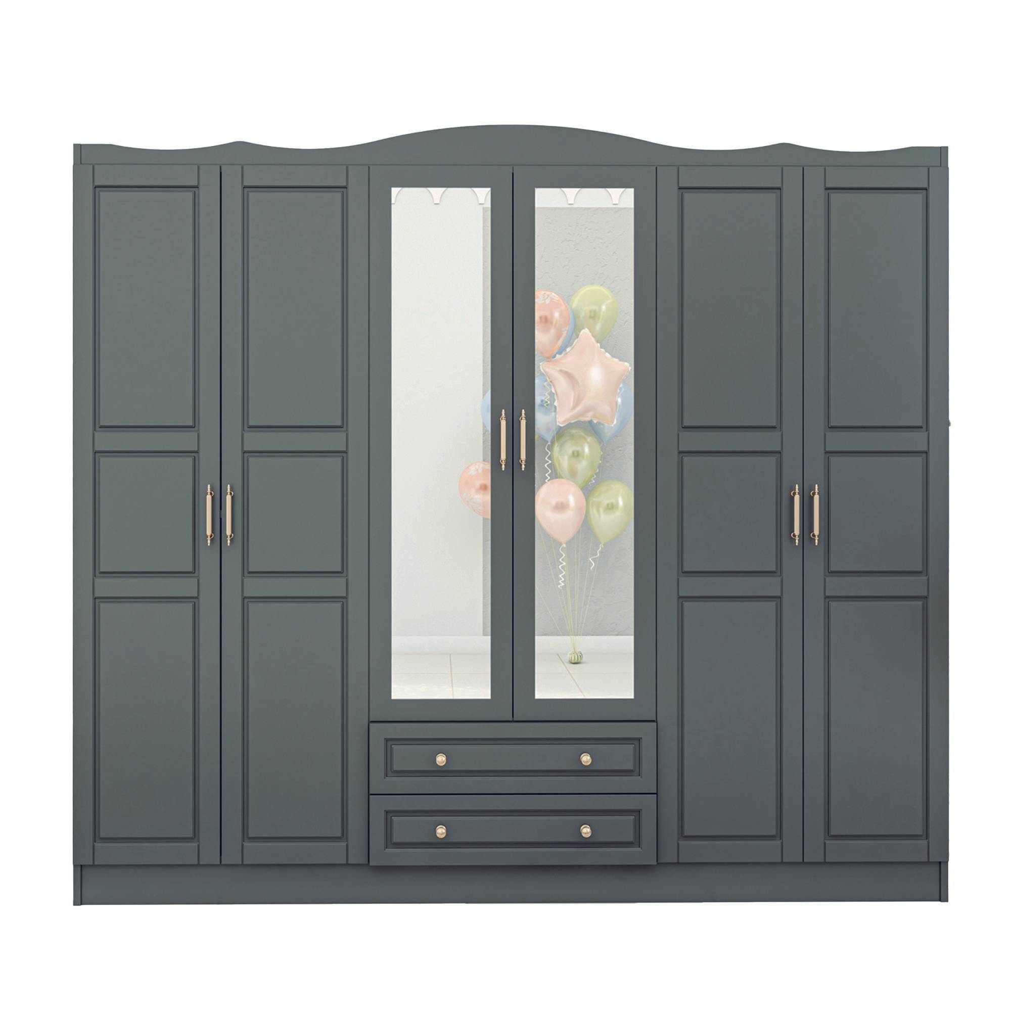 Kleiderschrank mit 6 Türen, 2 Schubladen und 2 Spiegeln Zoey 210cm Holz Anthrazit