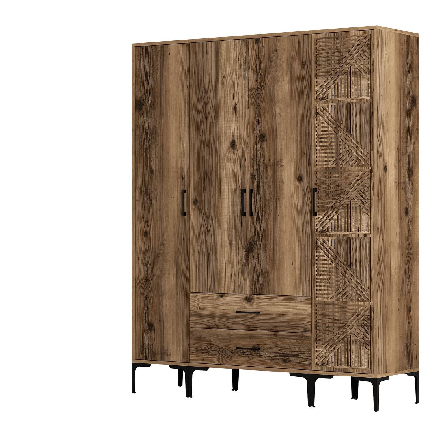 Kledingkast met deur met geometrisch motief en 2 laden Akay industriële stijl L160cm Donker hout