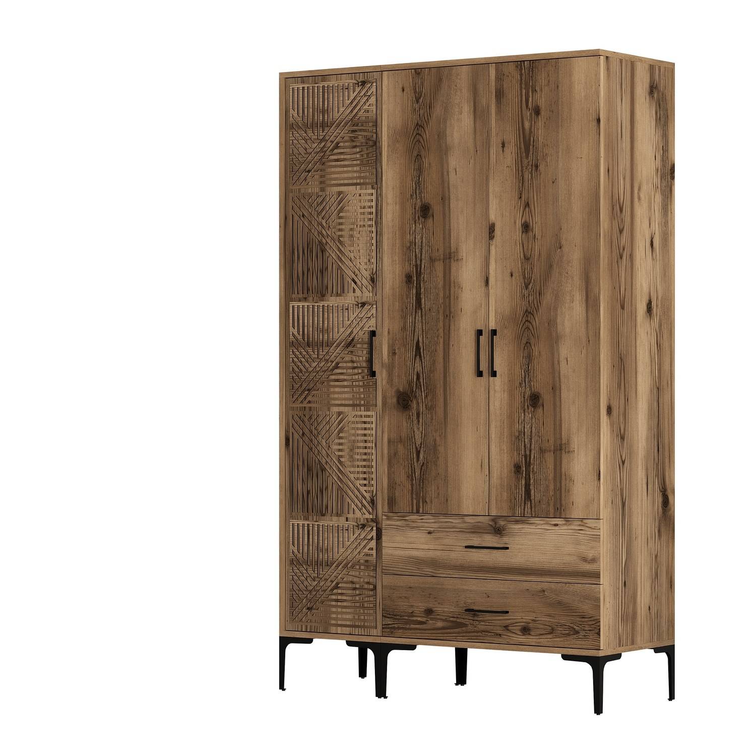 Schrank mit Türen Geometrisches Muster und 2 Schubladen Industrieller Stil Akay L120cm Dunkles Holz
