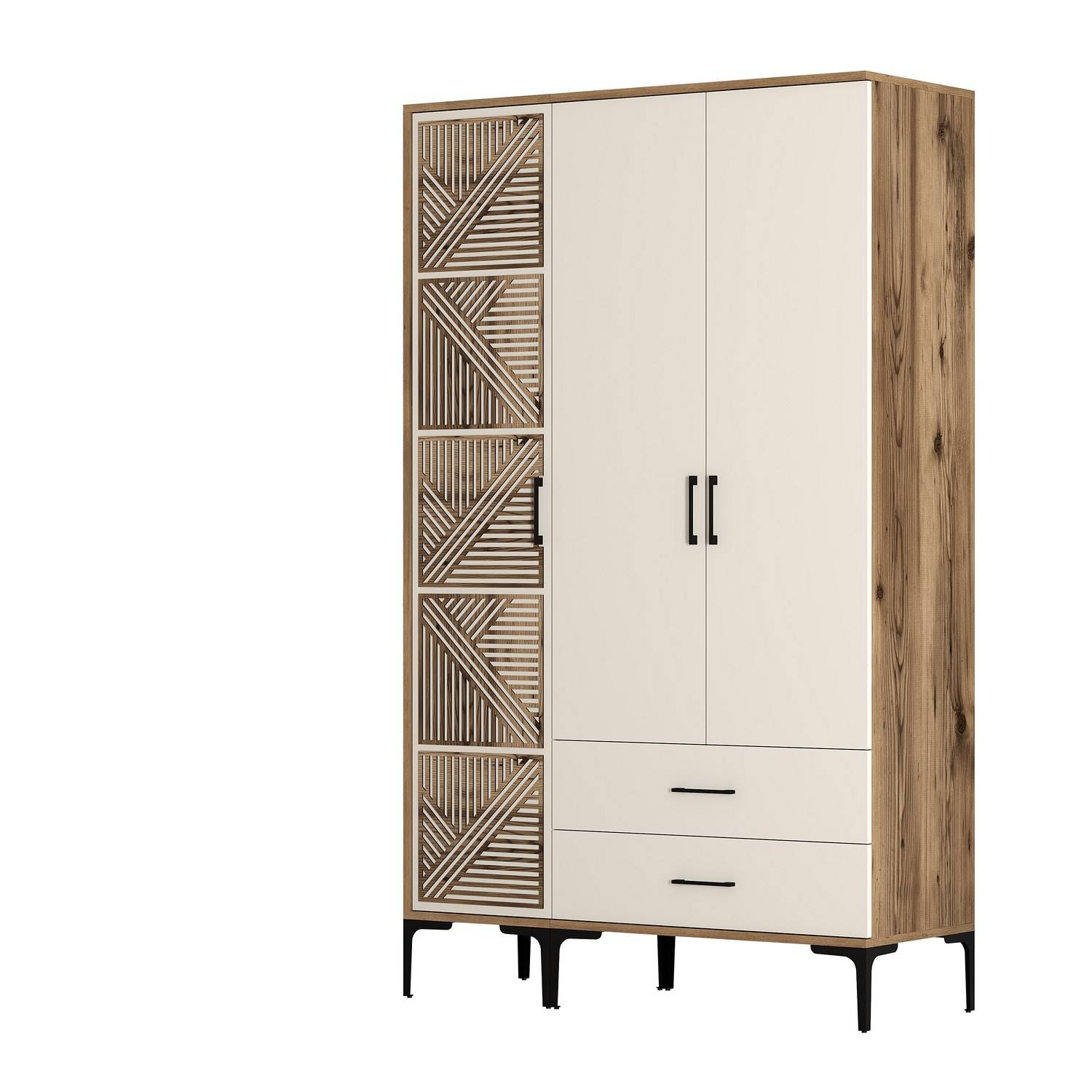 Akay kledingkast in industriële stijl met deuren met geometrisch patroon en 2 laden L120cm Donker hout en crèmewit