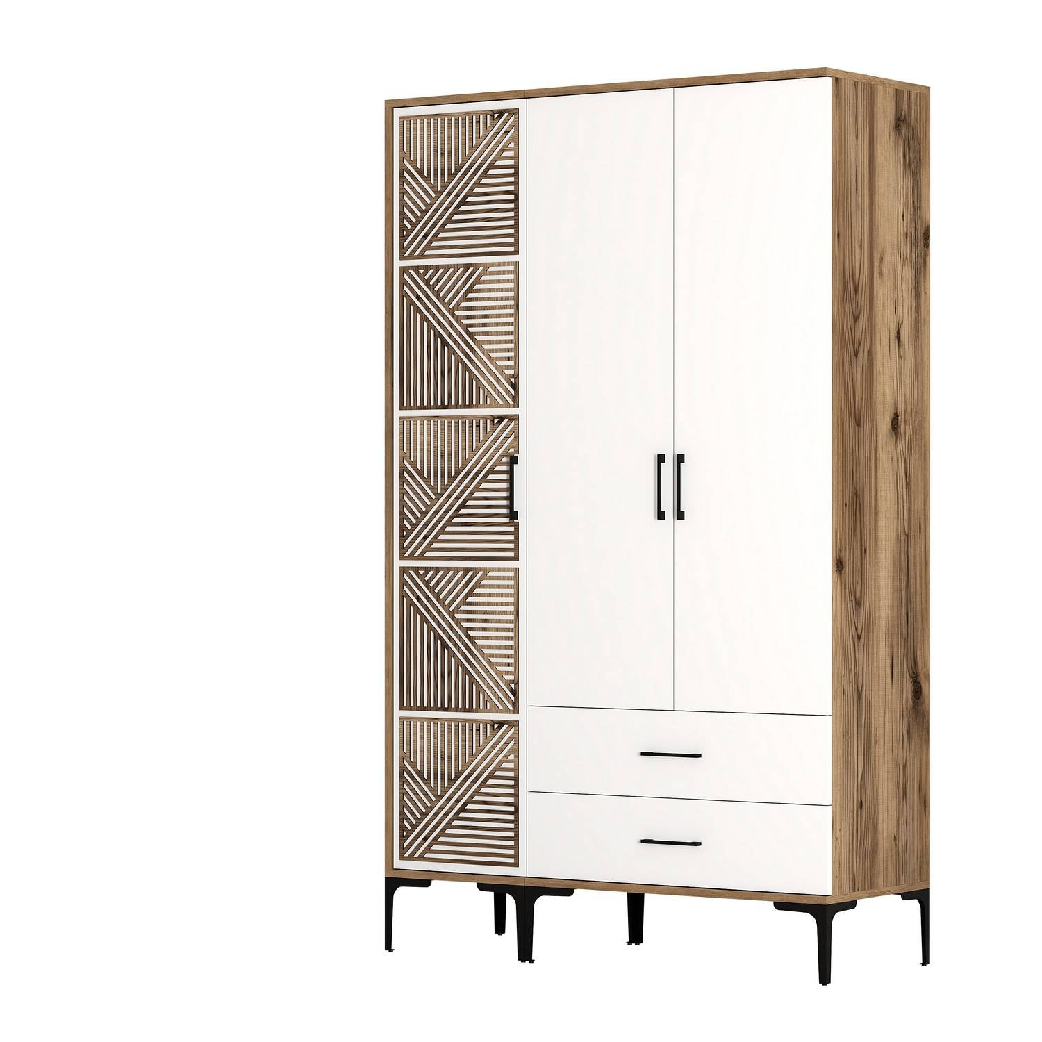 Schrank mit Türen Geometrisches Muster und 2 Schubladen Industrieller Stil Akay L120cm Dunkles Holz und Weiß