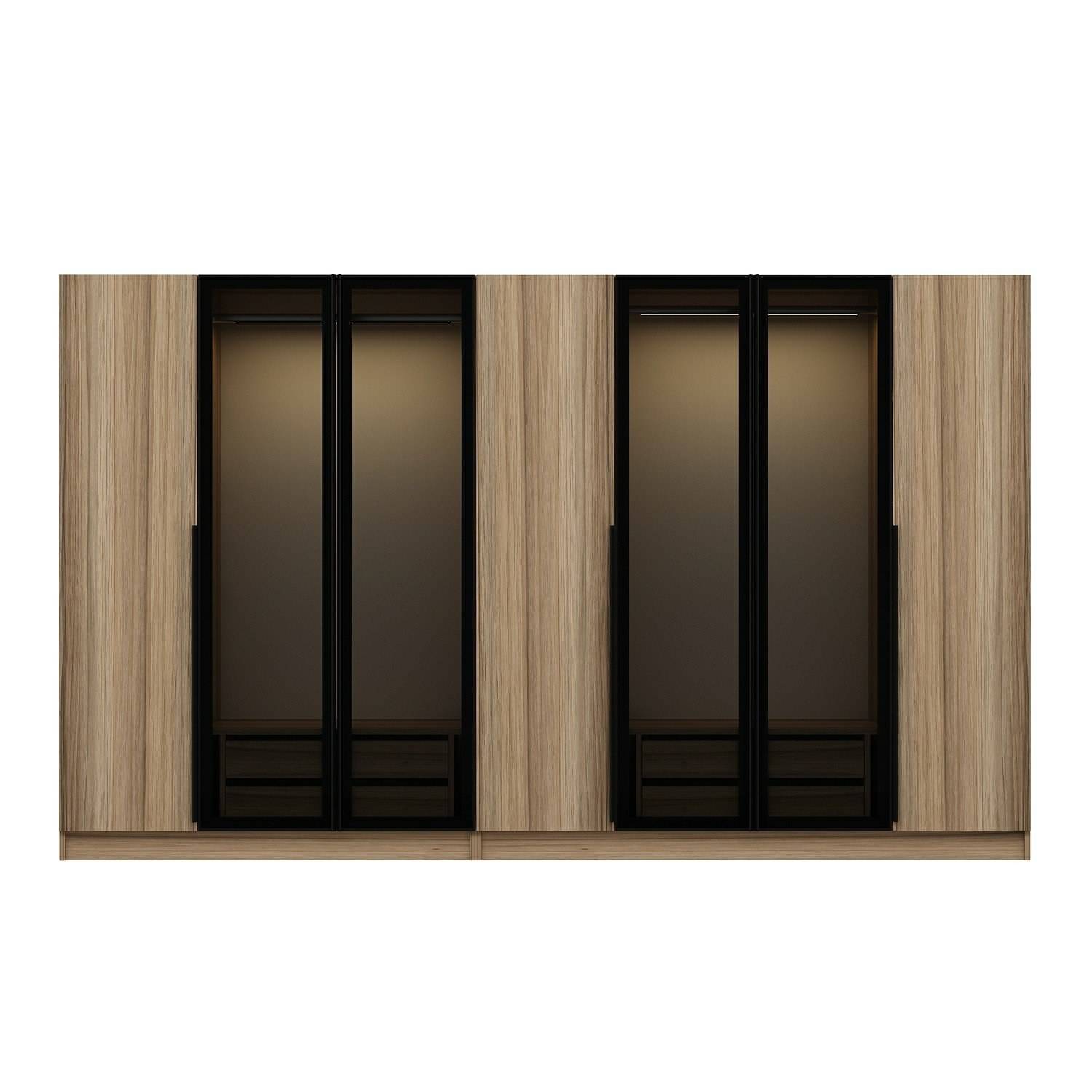 Design Schrank 3 Türen und 4 Glastüren Kanowa L315xH210cm Helle Eiche und Schwarz