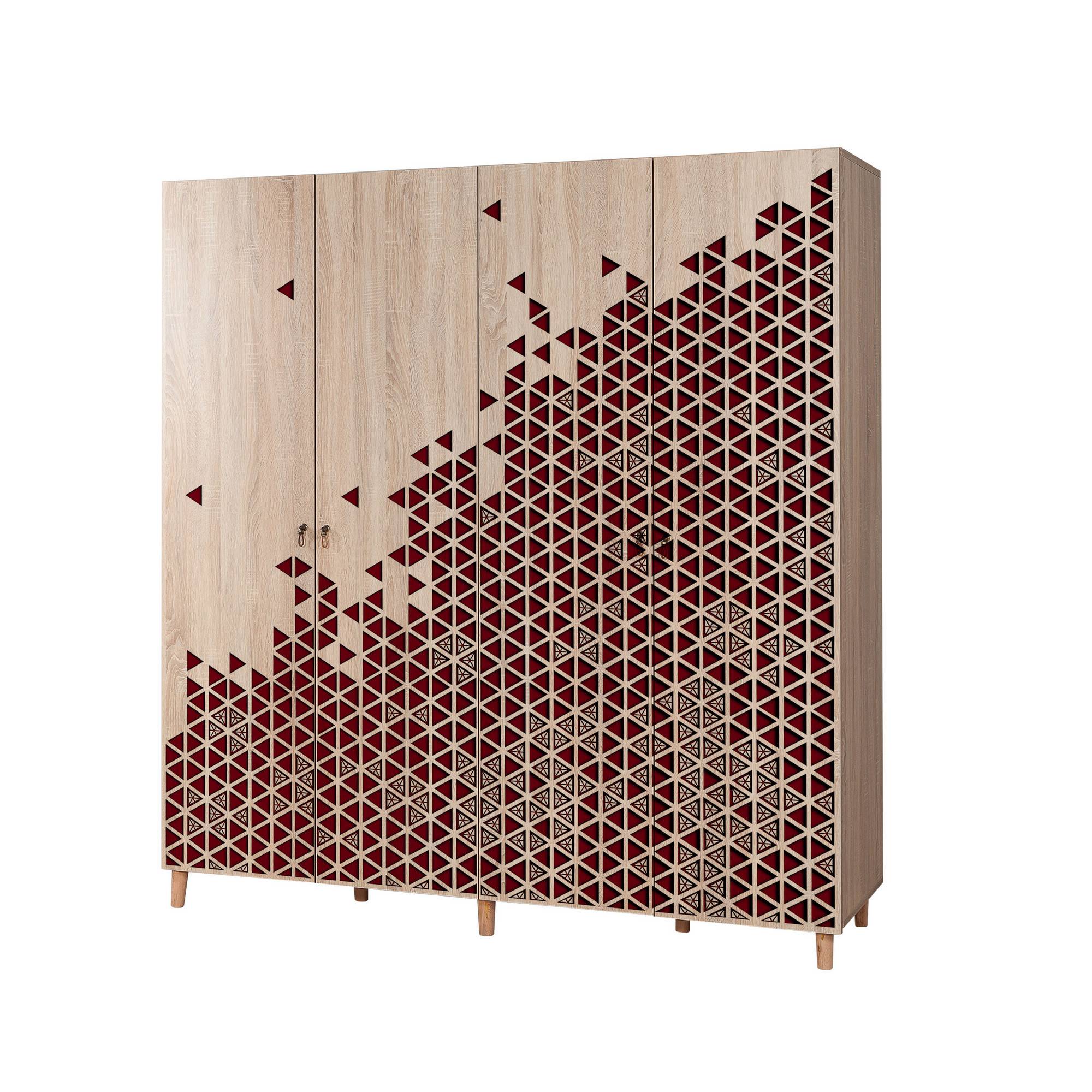 Infigo 4-deurs kast 180cm Natuurlijk hout Driehoek motief Bordeaux