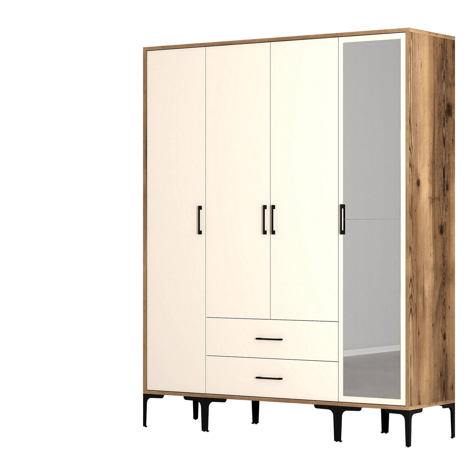 Akoy kledingkast in industriële stijl met deur, spiegel en 2 laden L160cm Donker hout en crèmewit