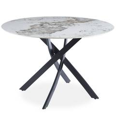 Table ronde Bangui 120cm Céramique effet marbre Blanc et pieds croisés Métal Noir