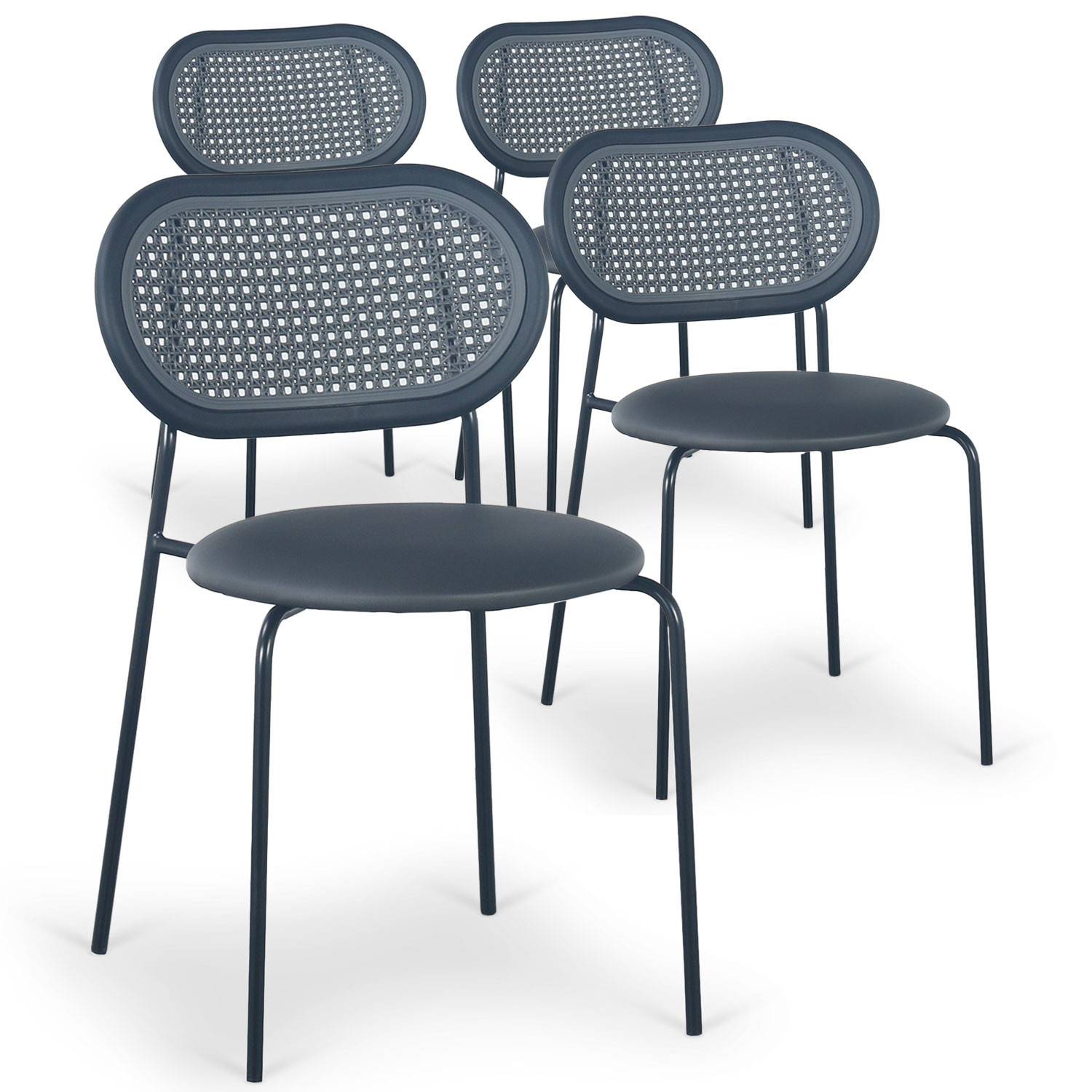 Satz von 4 stapelbaren Stühlen mit Rohrgeflecht-Effekt Bertille Metall schwarz und Kunstleder grau