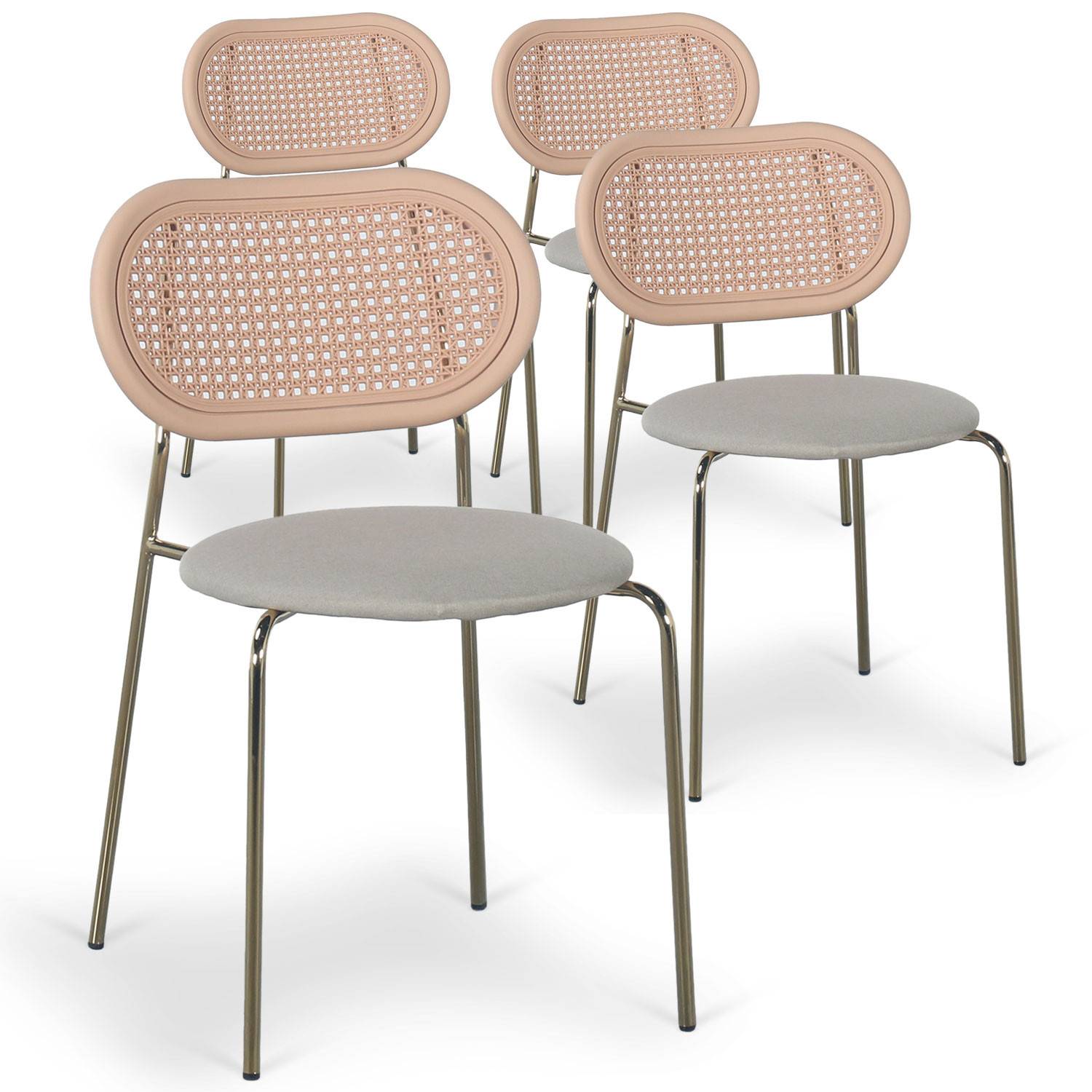 Set di 4 sedie impilabili Bertille effetto canna in metallo dorato e tessuto beige