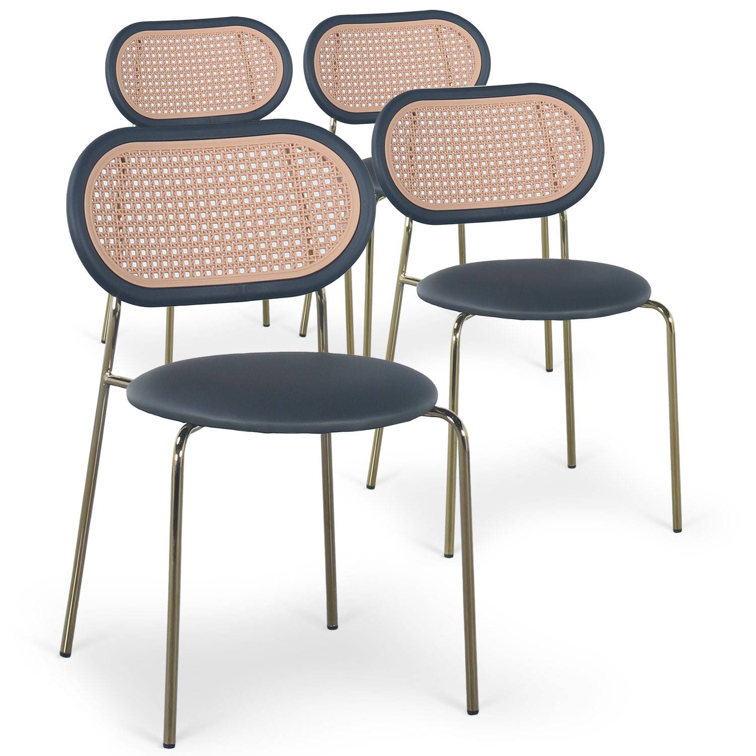 Set aus 4 stapelbaren Stühlen mit Rohrgeflecht-Effekt Bertille Metall Gold und Samt Schwarz