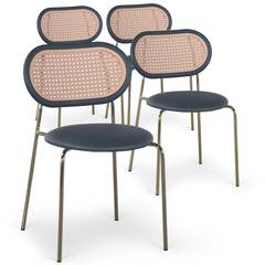 Set van 4 Bertille-stapelstoelen met rieteffect van goudkleurig metaal en zwart fluweel