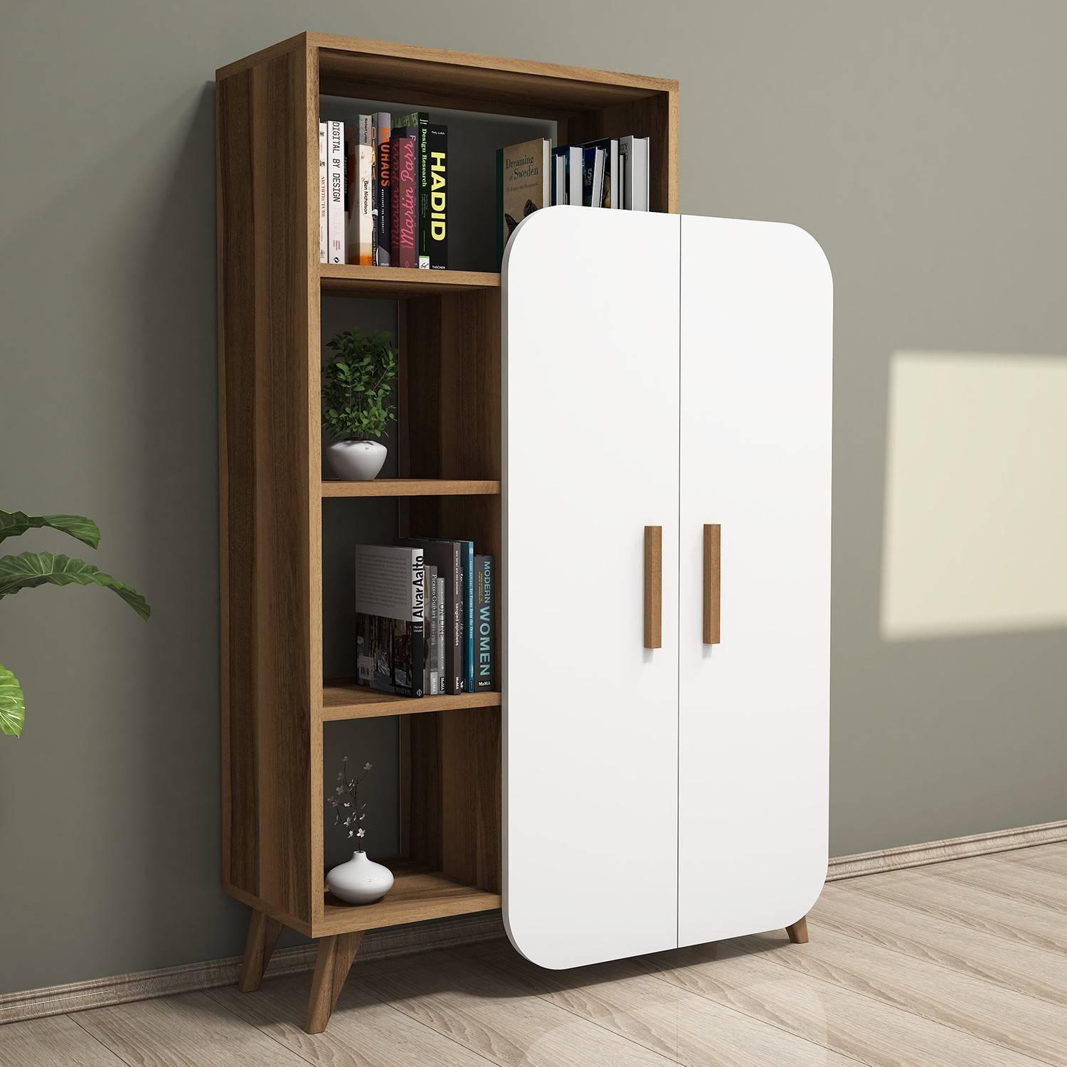 Anita 2 deurs boekenkast 90x132cm Natuurlijk hout en wit