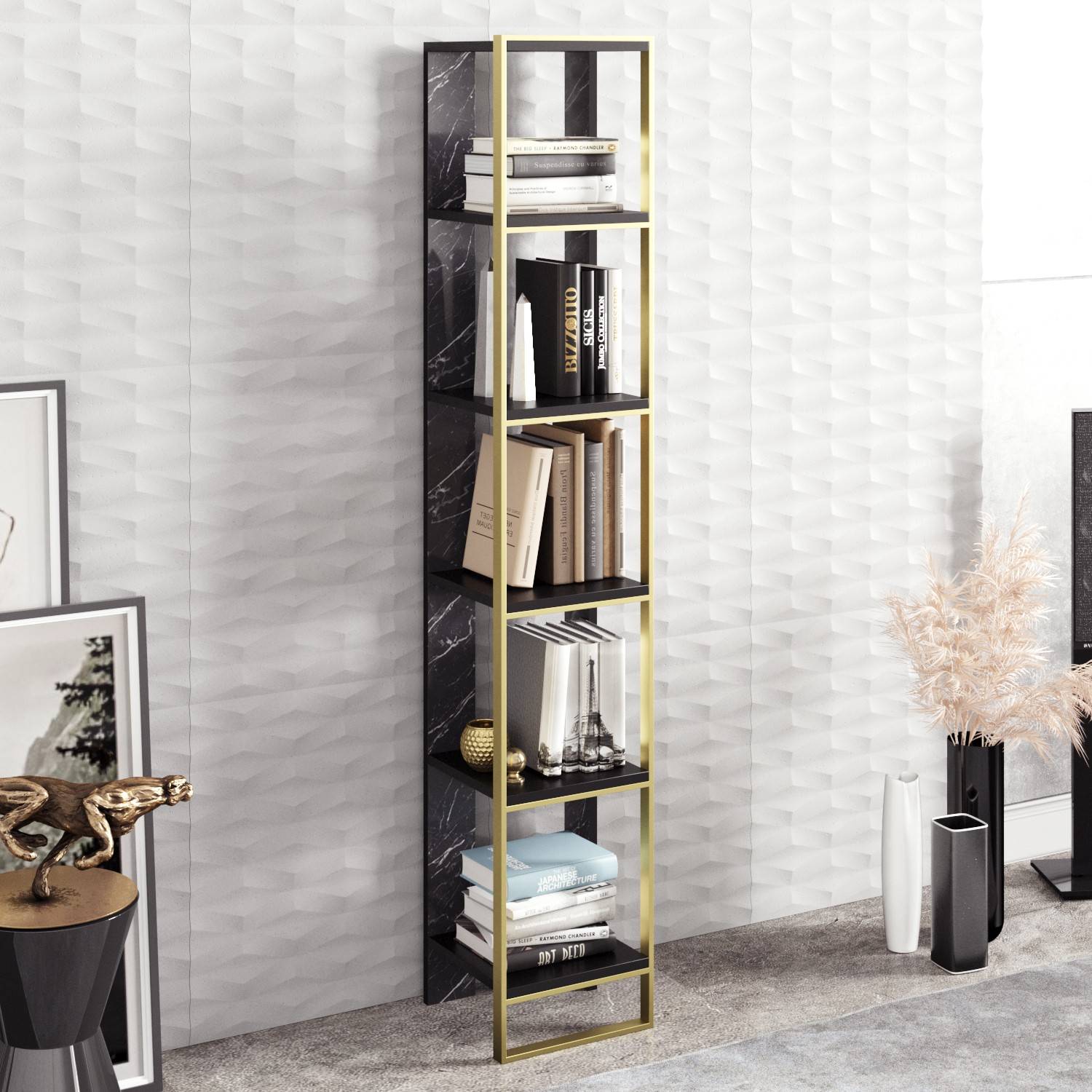 Luxoria boekenkast 32,2x178,5cm Zwart hout met marmer effect en goud metaal