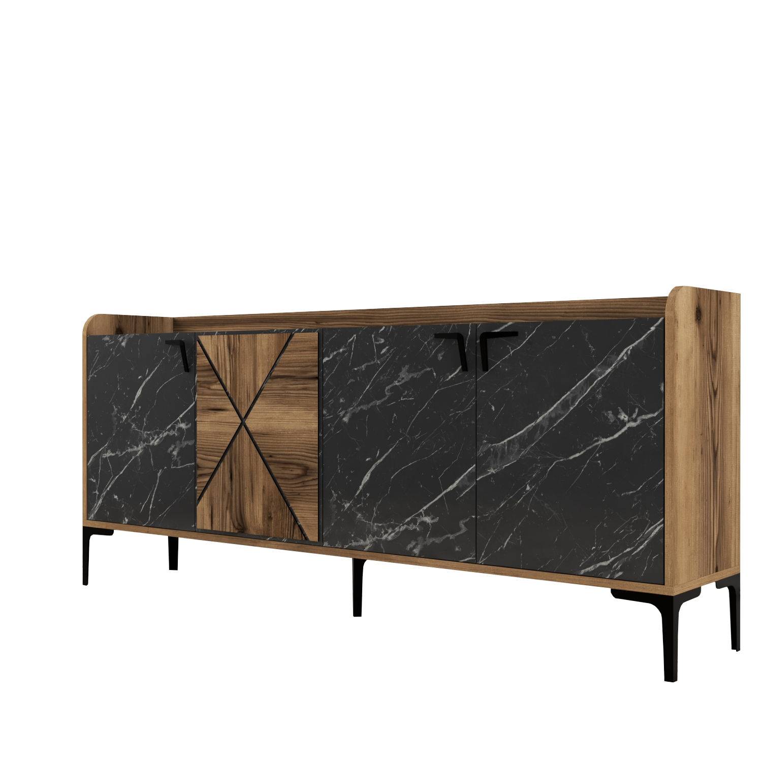 Niedriges Sideboard Zenger, 4 Türen, 180 cm, Naturholz und schwarzer Marmoreffekt und schwarzes Metall