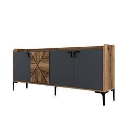 Niedriges Sideboard Zenger mit 4 Türen, 180 cm, Naturholz und Anthrazit und schwarzes Metall