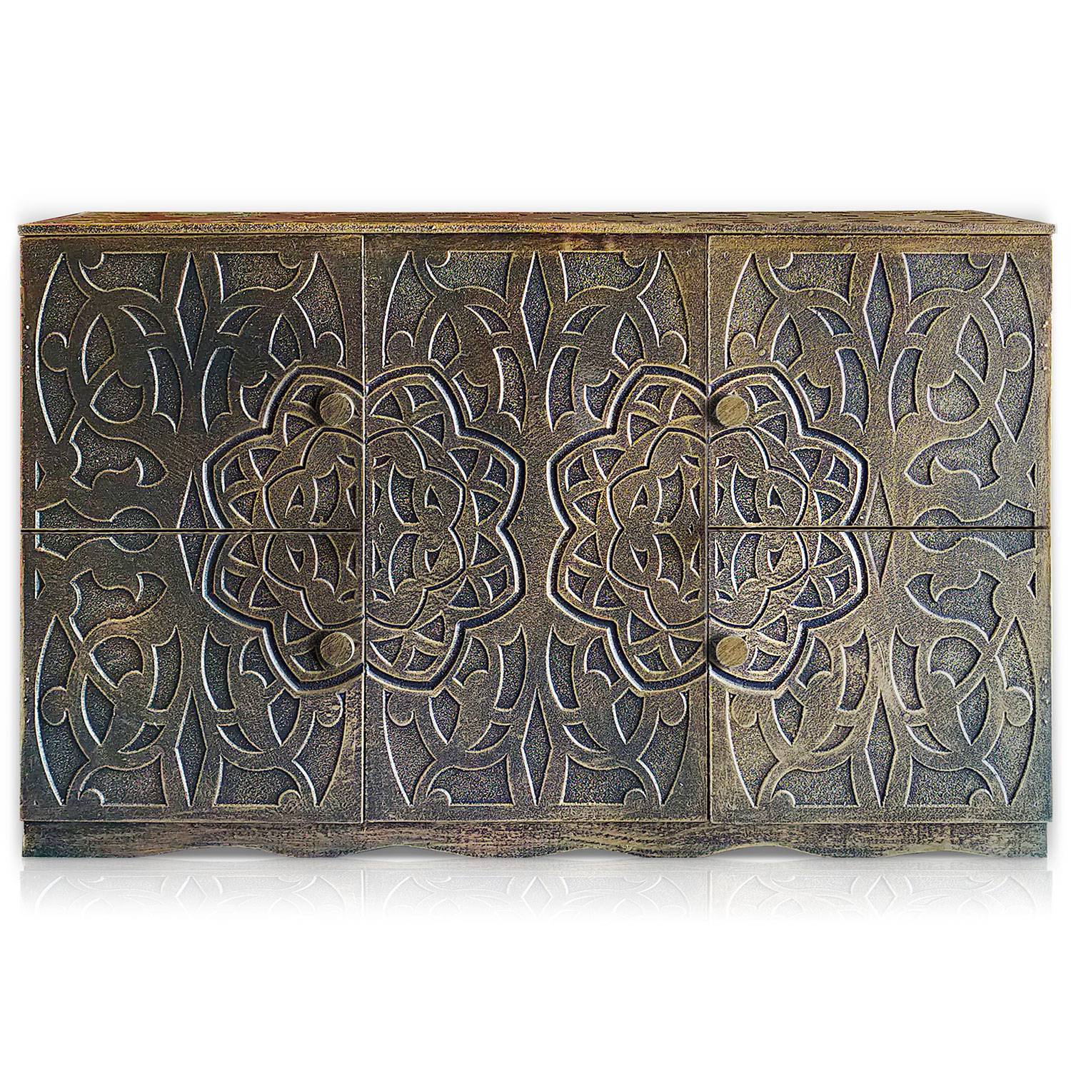 Aparador Kordovo con molduras estilo oriental, 4 puertas, 120 cm, madera bronze patinada